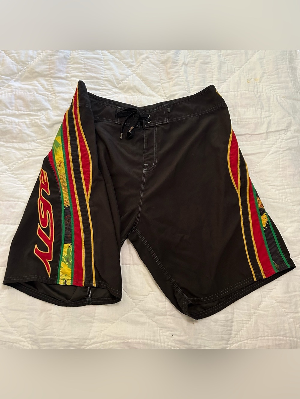 VTG 90s Rusty Board Shorts Swim Trunks Mens 38 Rasta Colors Spellout Surf Skate